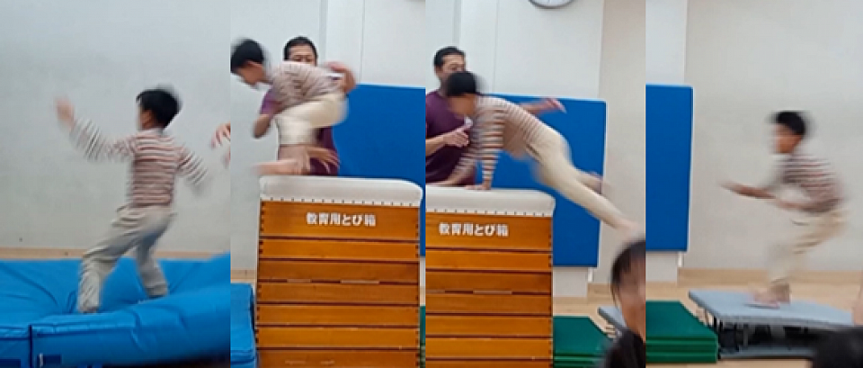 【開脚とび】ロイター板ととび箱の間の幅が大きく開いています。最初は必ず「怖さ」があるものですが、練習により気持ちよさに変わりました！鈴井