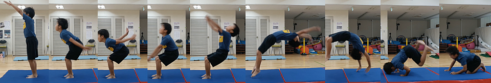 【バク転】補助なしのバク転！自身の目標に向けて計画的に課題をクリアすることで成長しております。更なる技の向上に向けて頑張りましょう。　藤田