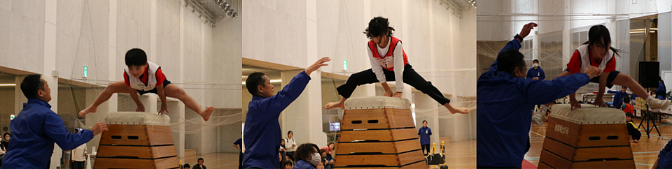 【跳び箱大会：小学生の部】本教室に通って下さっている方々です。3名とも優勝され見事な跳躍を見せてくださいました。　　多くの感動を生む大会となりました！　藤田