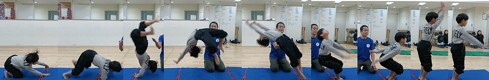 バク転、まだ回転不足！ですが、補助しなくてもなんとか回れてます。さぁあと少し！本人からも手応えからくるワクワク感が溢れてます！鈴井