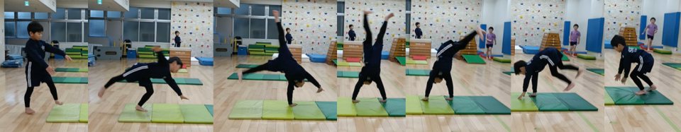 【ロンダート】O君、側転が綺麗に出来るようになったのでロンダートへチャレンジ！ひねりもしっかりと確認出来るようになってきました。更なるレベルアップに向けて頑張りましょう。　藤田