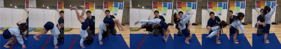 【バク転】まだ改善ポイントは残っていますが、着実に上達しています。ほとんど自分の力で技が完結しているから、1人で出来る日も遠くないかも（　＾ω＾）・・・　　藤田