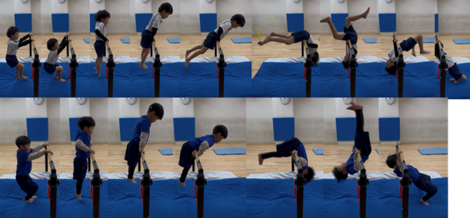 【前回り】（上）Y君、初めての前回りにも怖がることなくチャレンジ出来ました。（下）R君、年中さんの頃は補助ありで回っていたけど1人で回れるようになりました。日々の成長を感じることが出来た瞬間です。　　　藤田