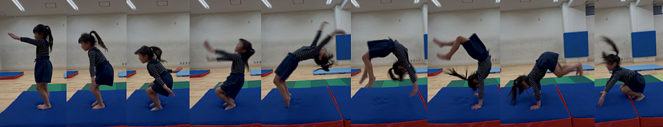 【バク転】Rちゃん、安定したフォームでバク転を見せてくれました。1人で回れるようになったのが嬉しかったようで、笑顔が輝いていました！　　藤田