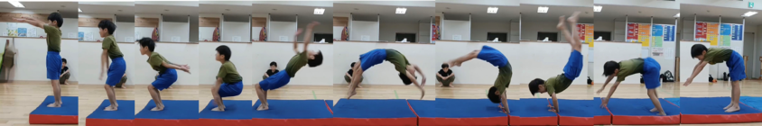 バク転は初めて1人で回れたその日から質を高めるための練習が始まります。2年生K君、それにしても美しい！みんなのお手本になるバク転に仕上げてきました！！鈴井